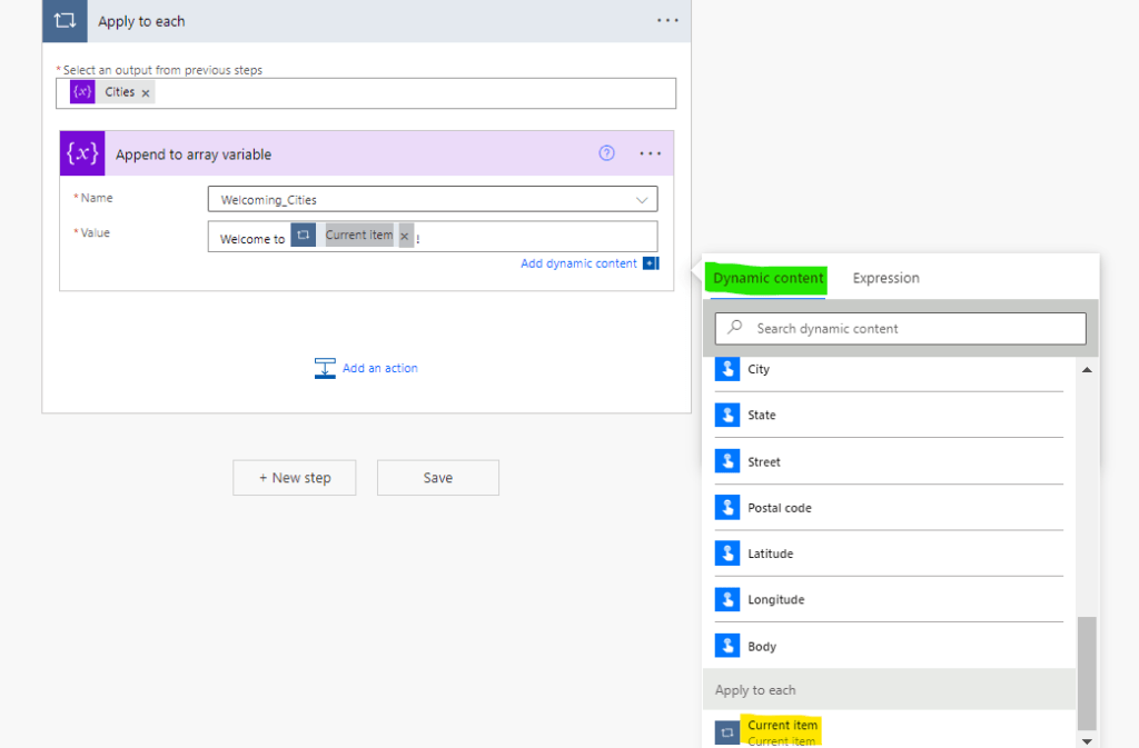 dynamic content in power automate