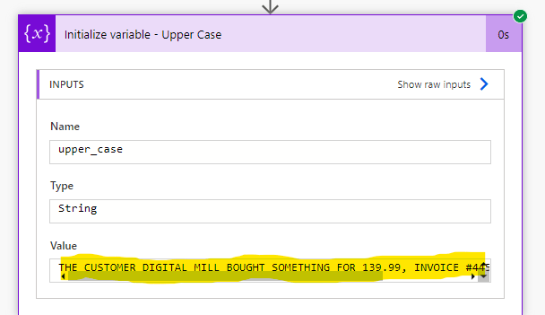 output de expressao toupper em power automate
