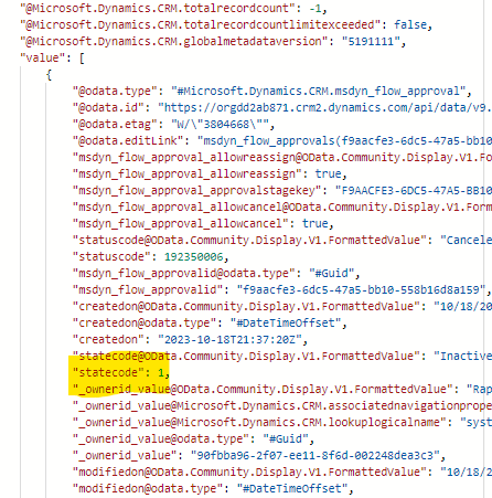 raw outputs from approvals dataverse table in power automate