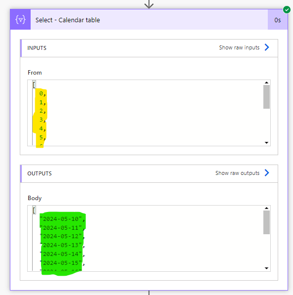 calendar table output in power automate