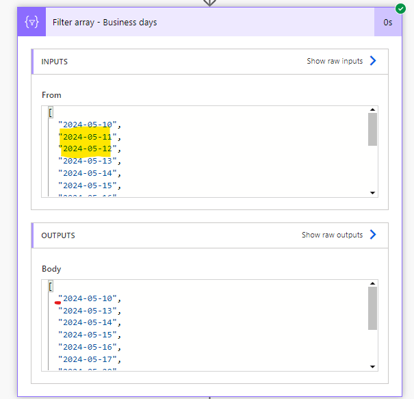 filtered array with business days only in power automate