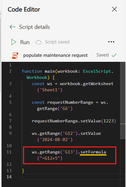 setFormula method in office scripts