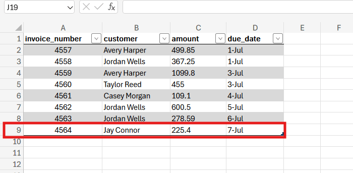 add new record to excel table