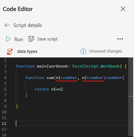 data types for function parameters in office scripts