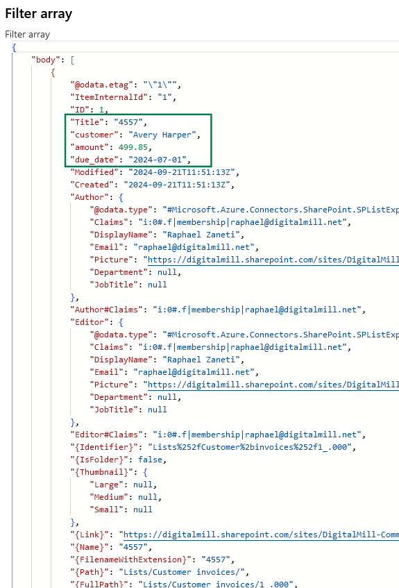 raw outputs from filter array in power automate
