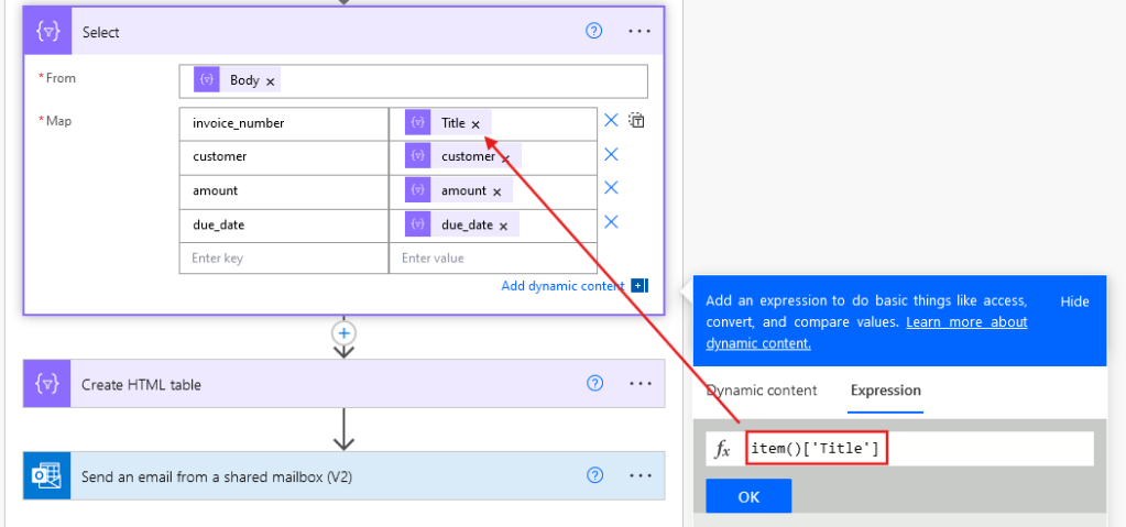 dynamic contents from loop iteration in power automate