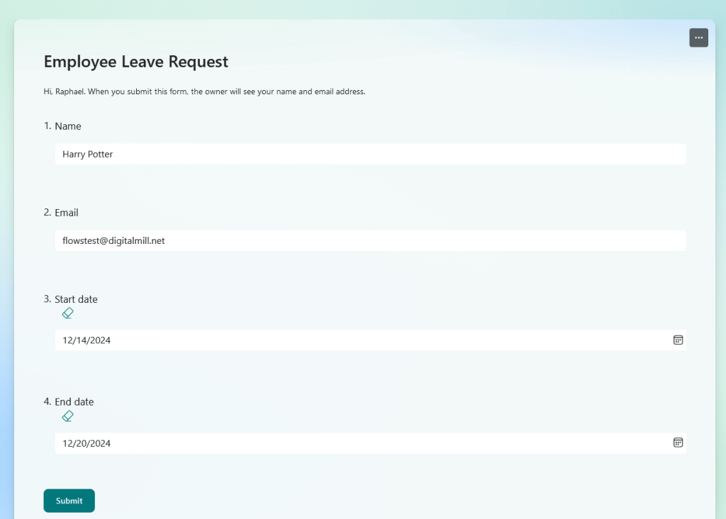 submitting form to trigger power automate flow