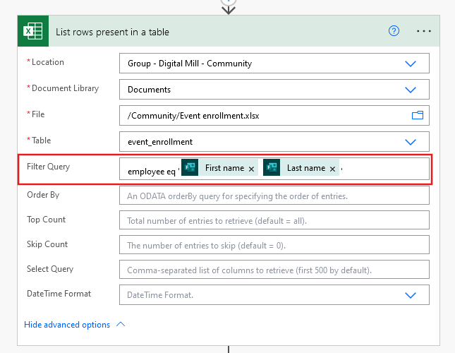 filter query in excel action in power automate