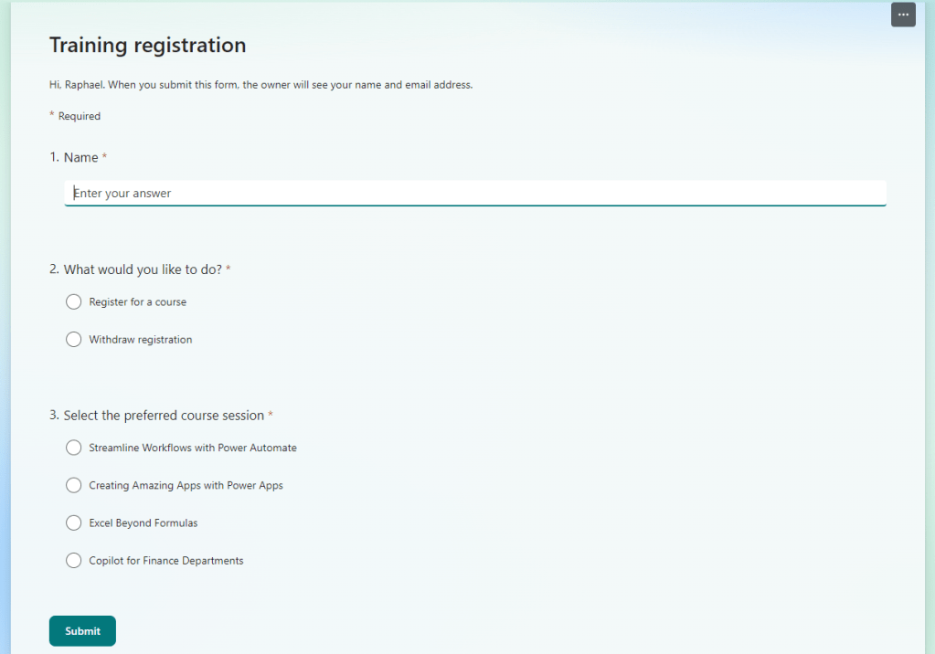 microsoft form to collect employee request