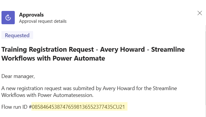 new approval request created, including the flow run id