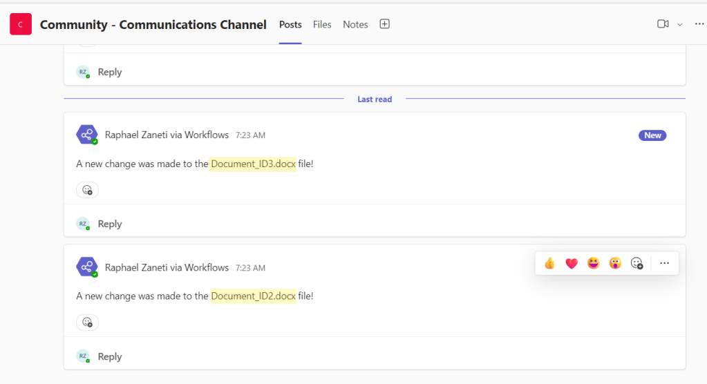 teams message notifying changes on .docx files