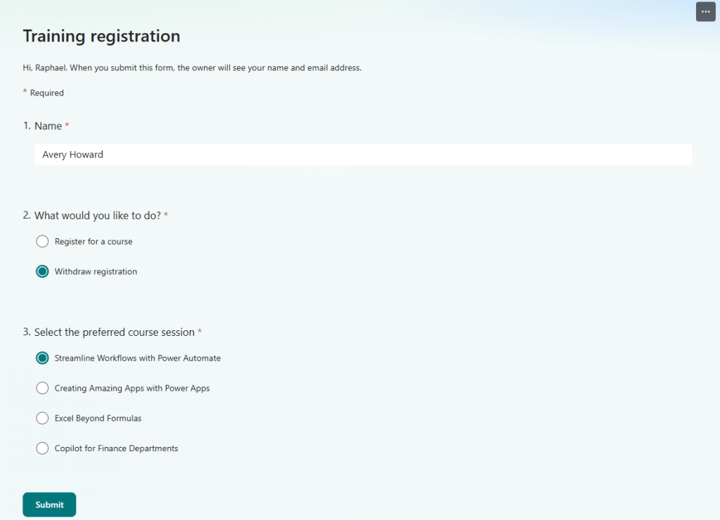 microsoft form submission to withdraw from course