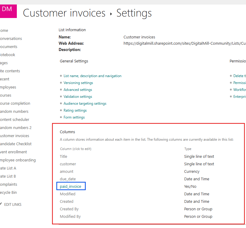 find sharepoint list column individual settings