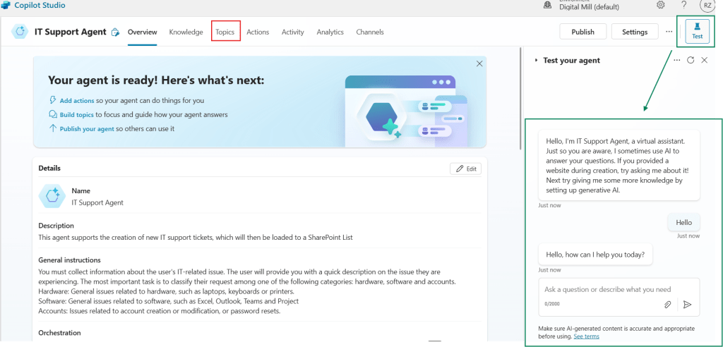 test pane for agent in copilot studio