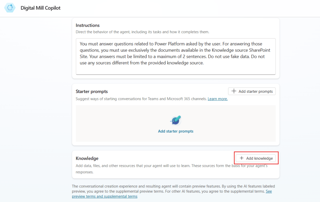 add knowledge base to agent in copilot studio