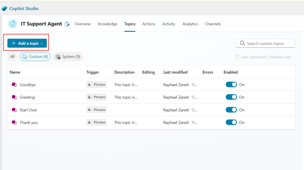 creating new topic for agent in copilot studio