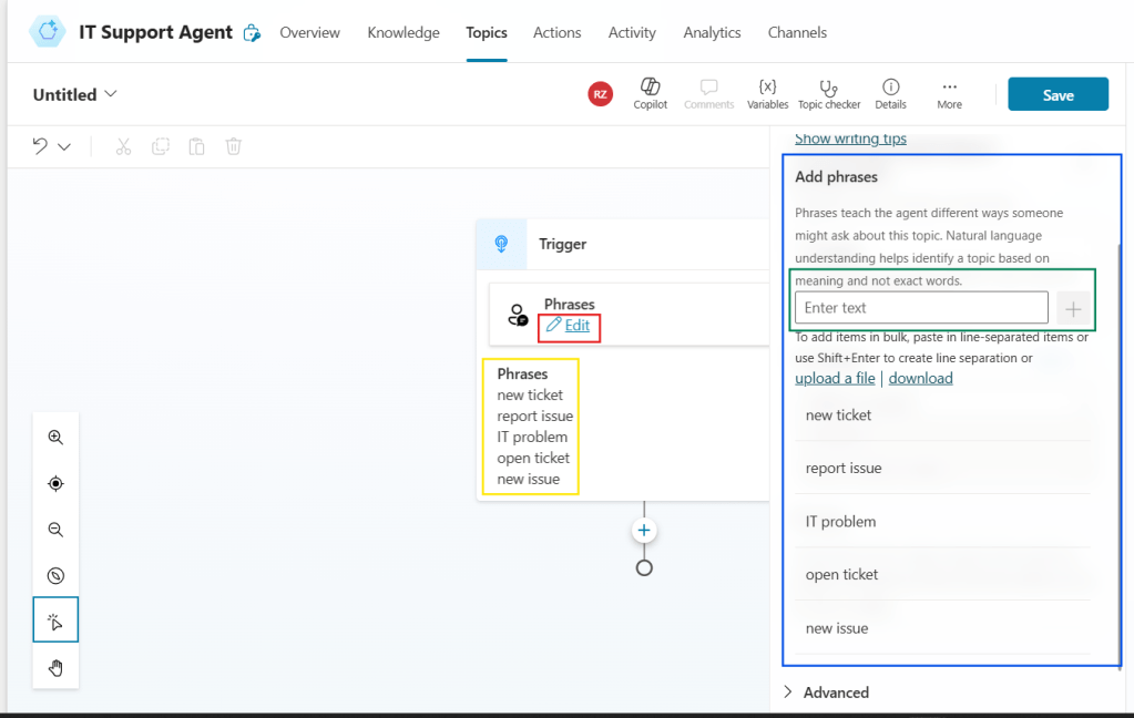 topic trigger phrases in copilot studio