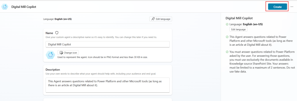 confirm agent creation in copilot studio
