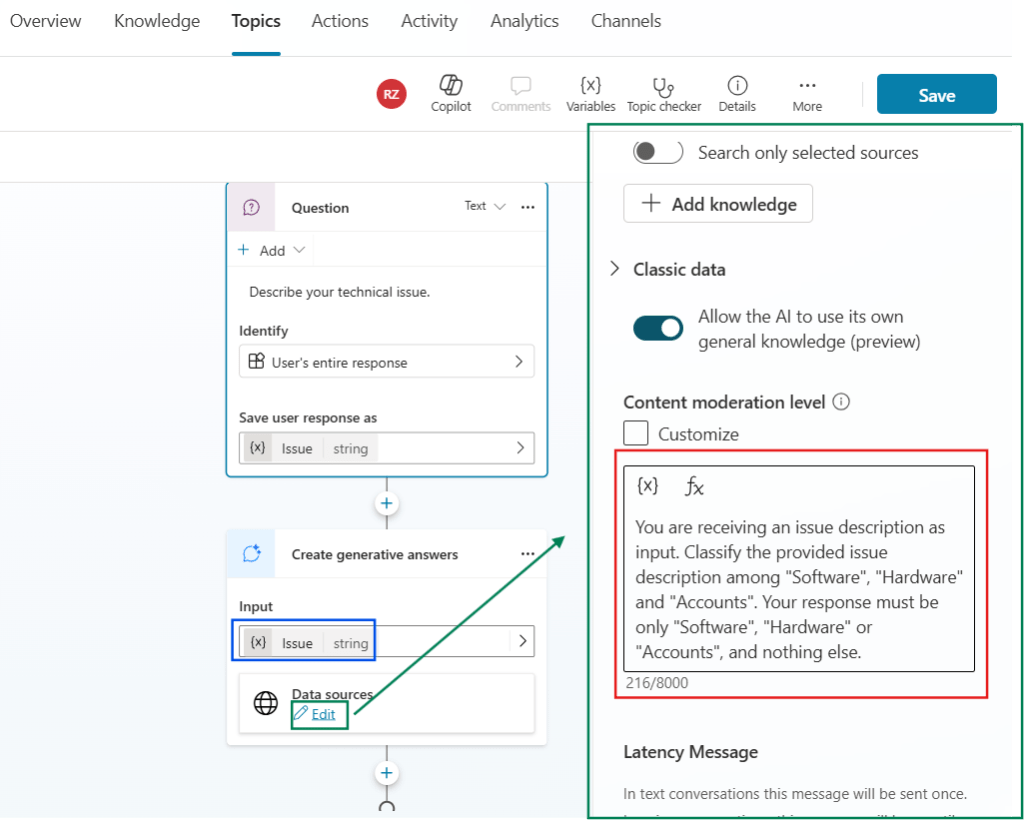 custom instructions to generative answers in copilot studio