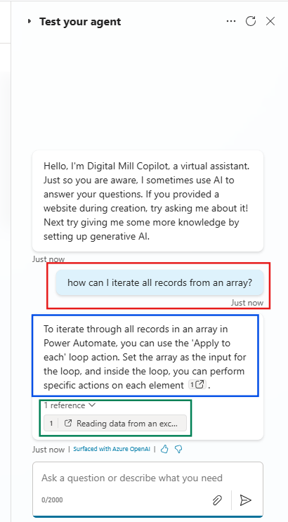testing conversation with agent in copilot studio