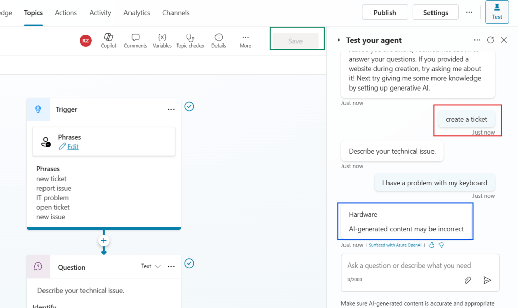 testing the trigger generative answers in copilot studio