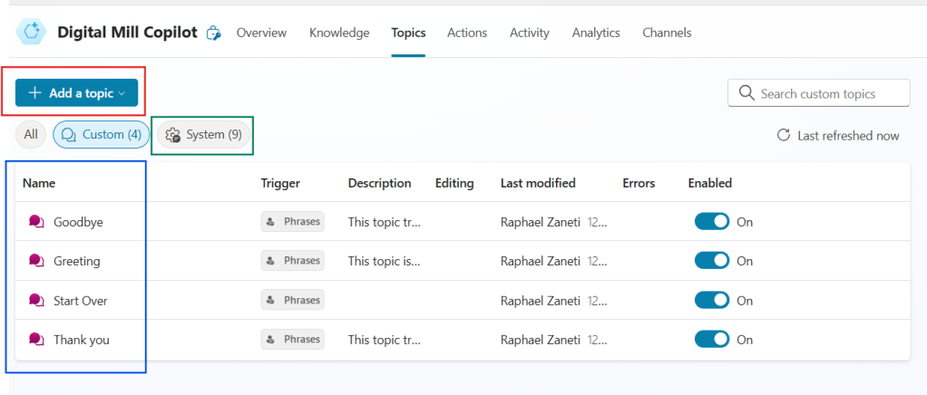 add a topic to agent in copilot studio
