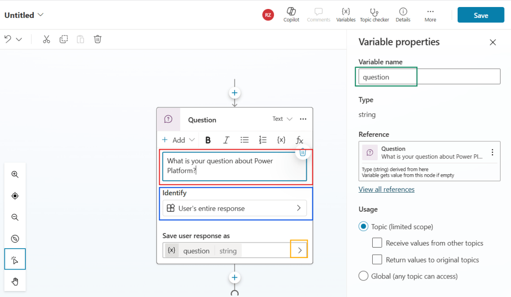 save users response to variable in copilot studio