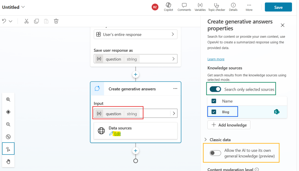 configuring generative answer in copilot studio