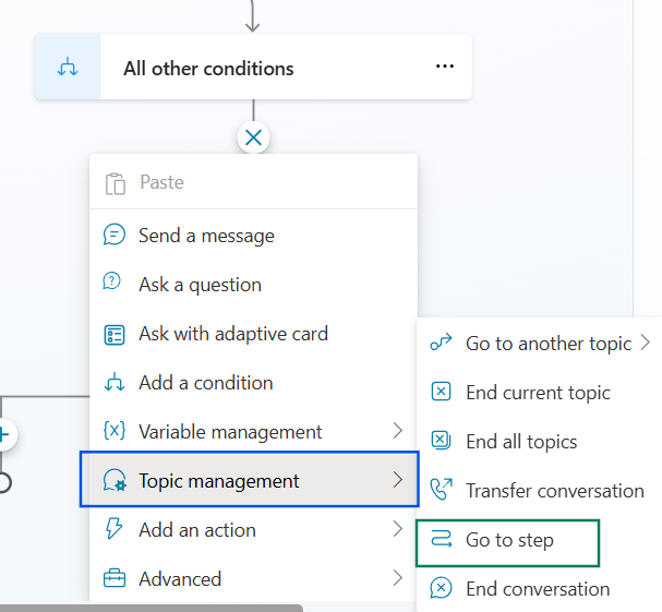 redirecting conversation inside topic in copilot studio