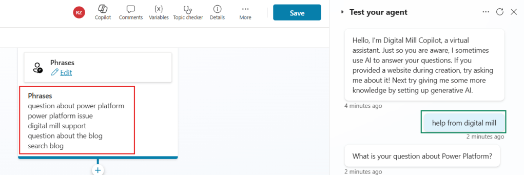 testing a trigger phrase in copilot studio