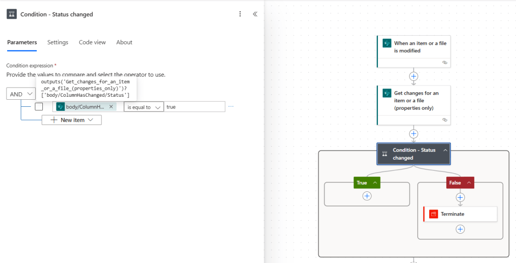 condition to stop power automate flow depending on status
