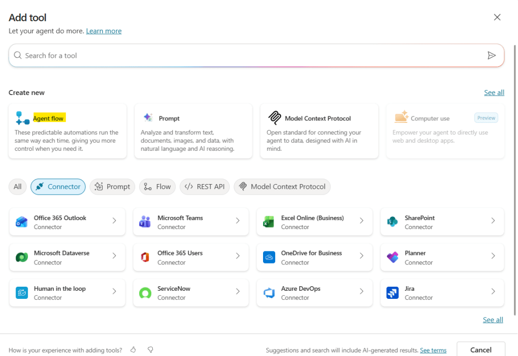 selecting agent flow as tool in copilot studio
