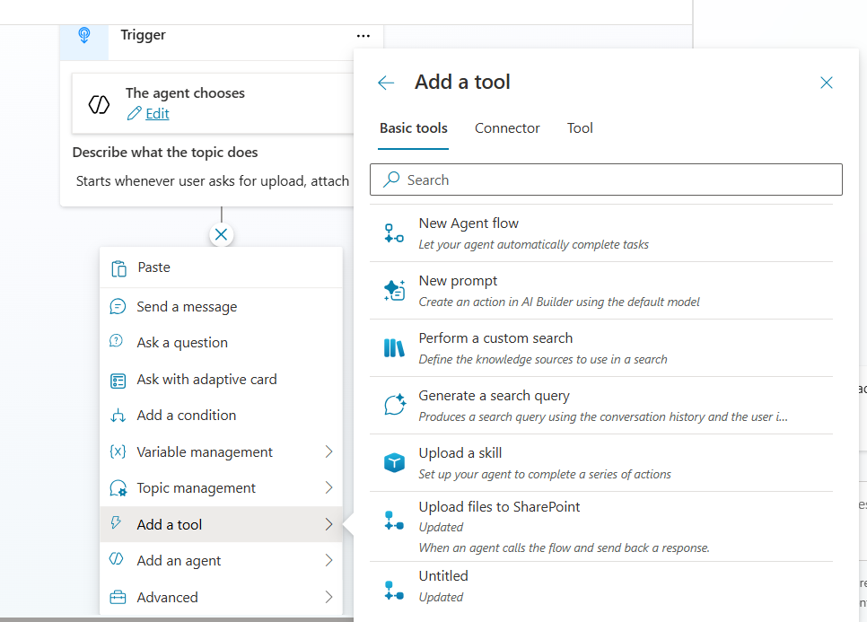 adding agent flow to a topic in copilot studio