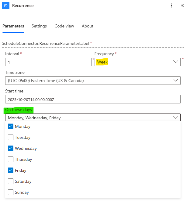 configuring a flow to run on specific days of the week