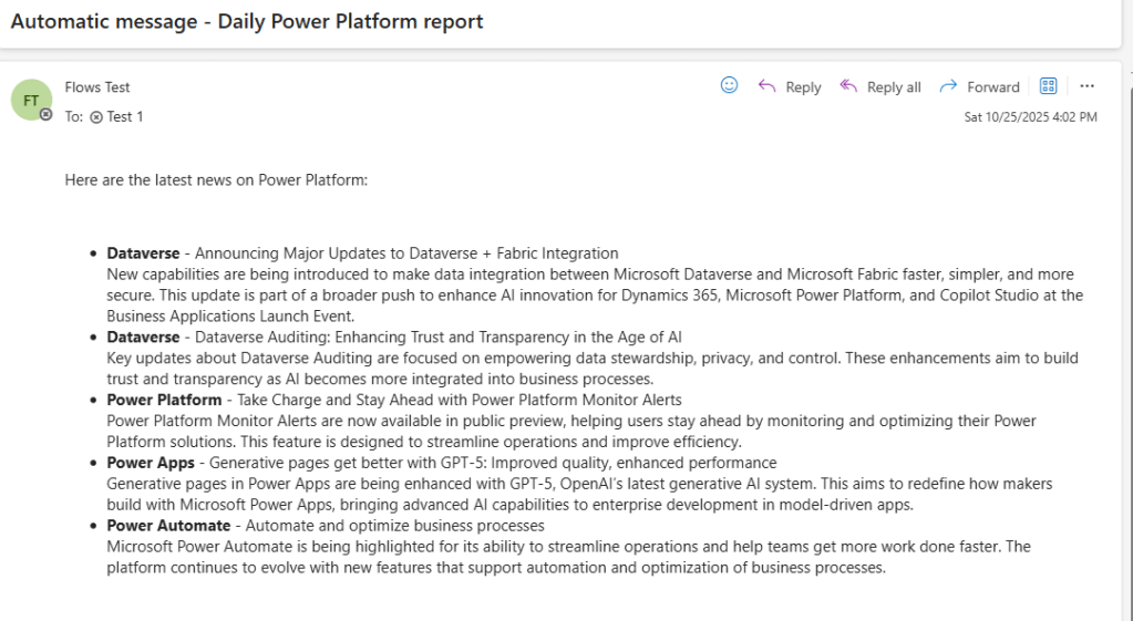 final email sent by to the user via power automate