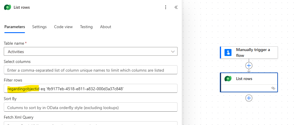 adding logical name to power automate as filter query