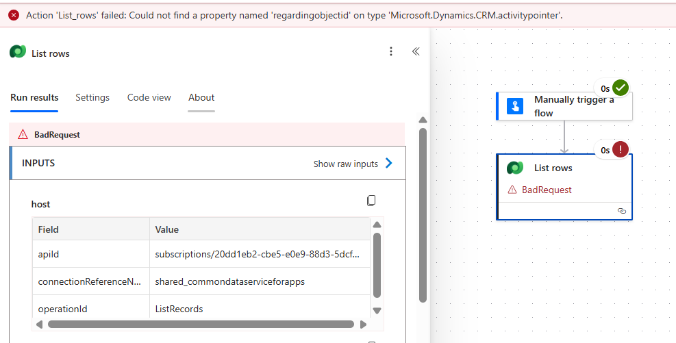 error with incorrect column name in power automate