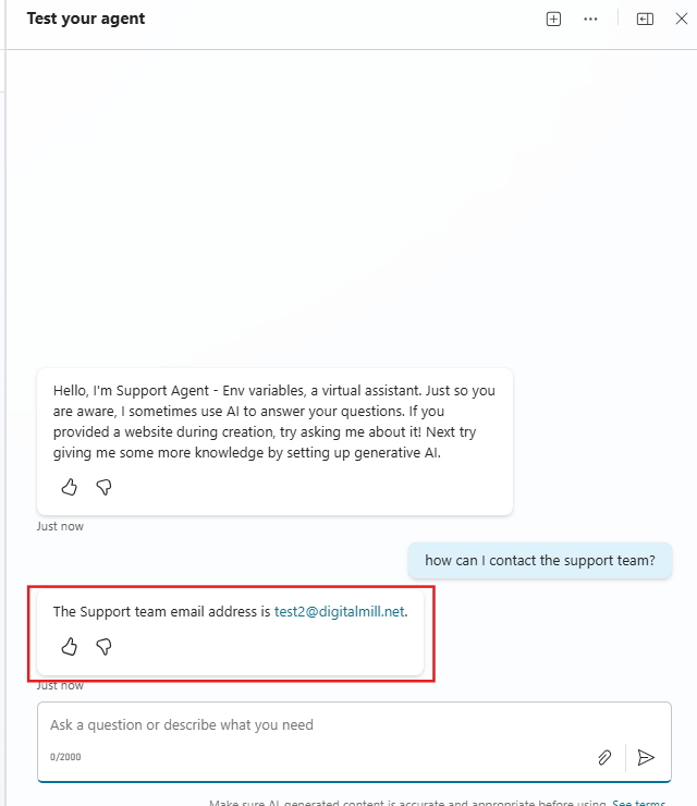 message from copilot studio agent using environment variable