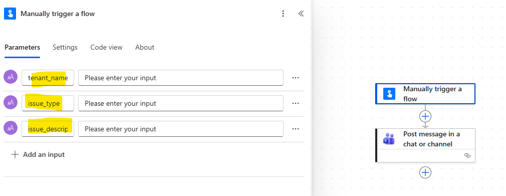 configure the trigger inputs in power automate