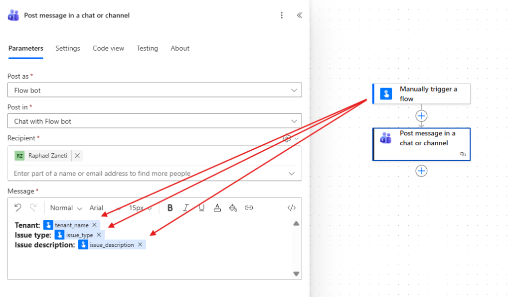 dynamic content for teams action in power automate
