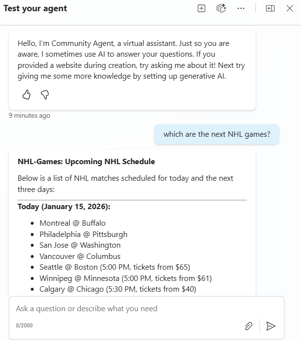 message in copilot studio test pane
