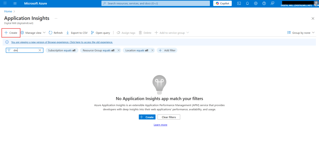azure application insights new resource