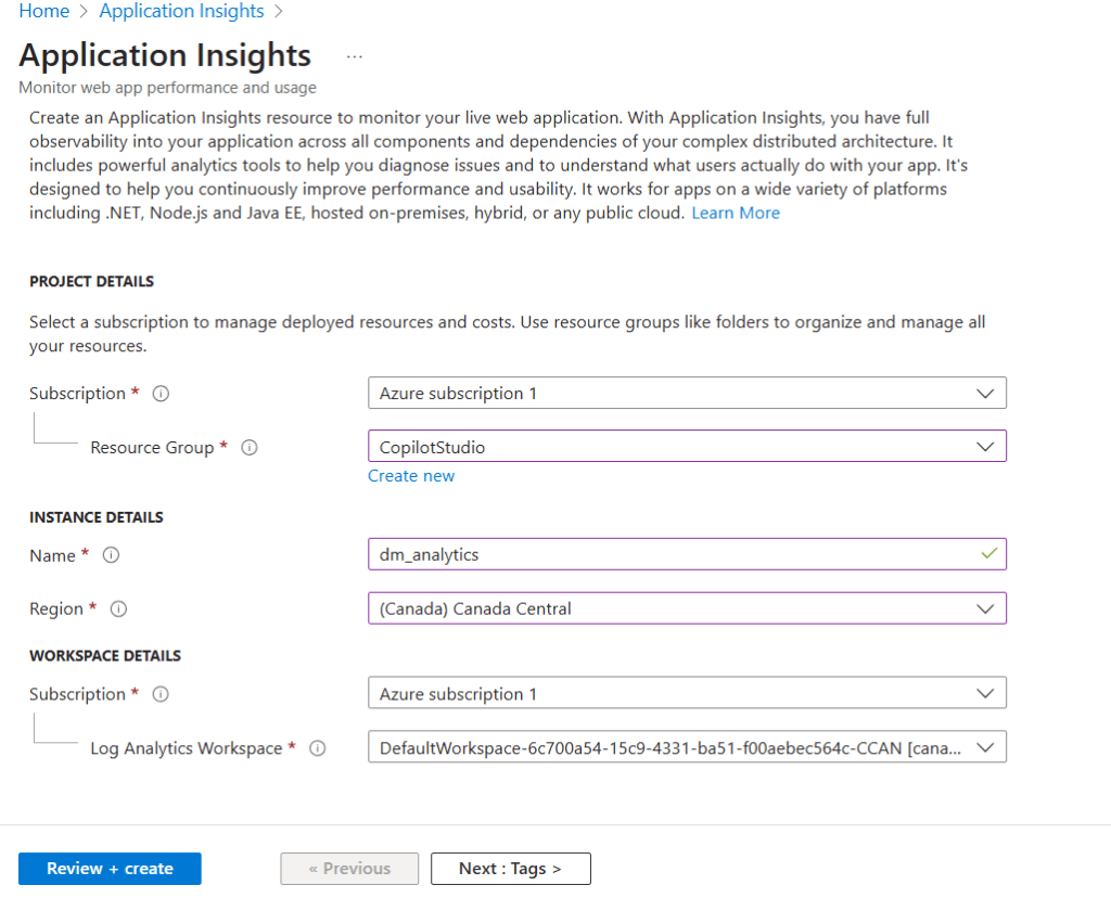 configure azure application insights resource