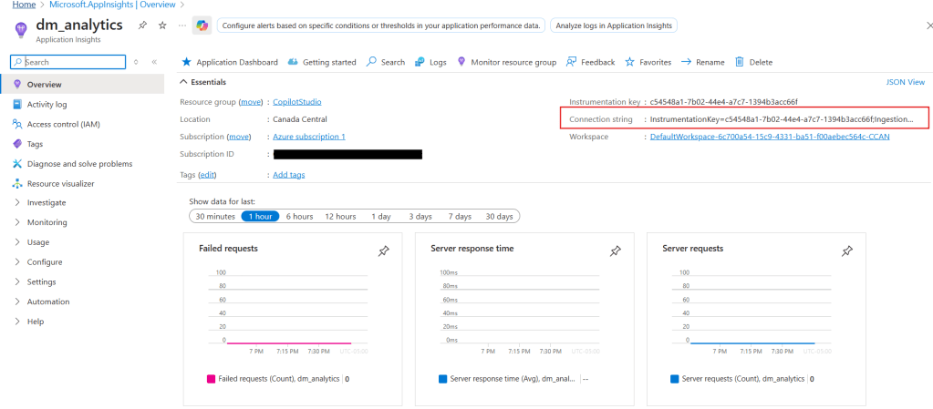 connection string in azure application insights