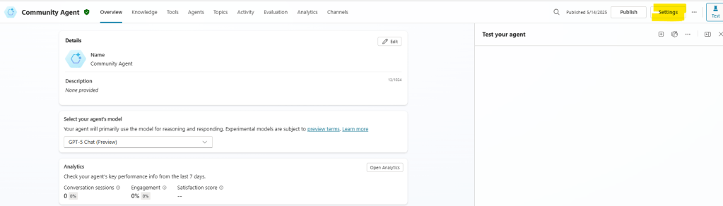 go to settings in copilot studio