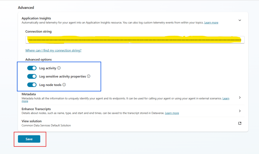 add app insights connection string to copilot studio