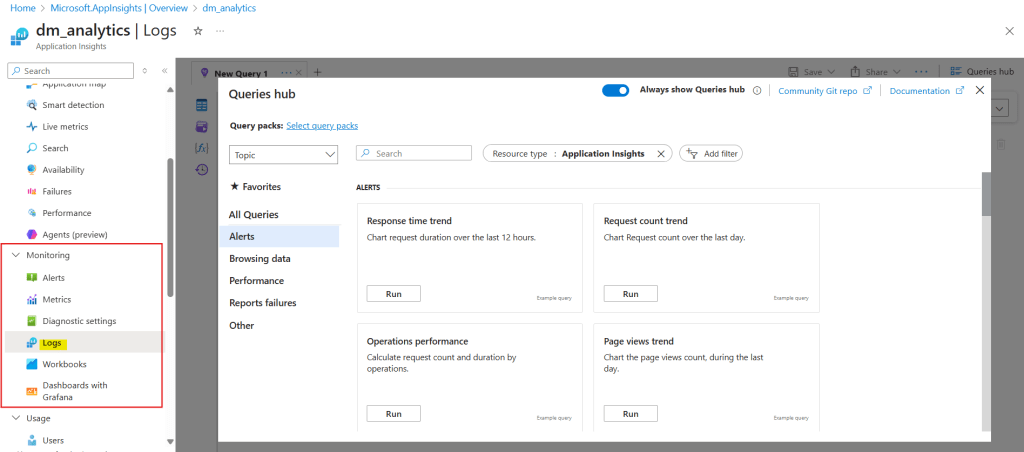 query hub in azure app insights