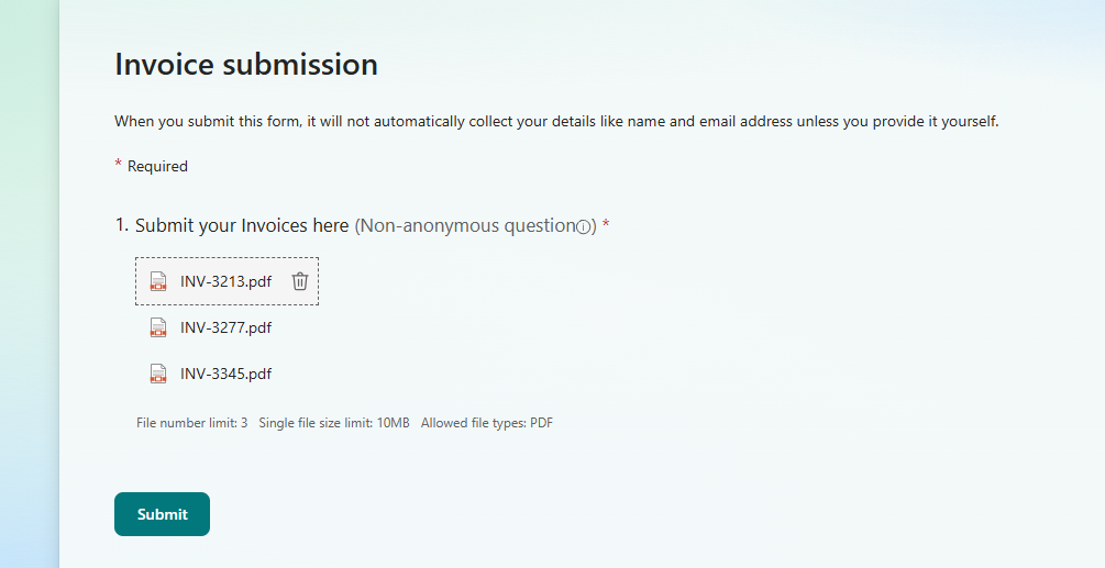 submit ms form to be read by power automate