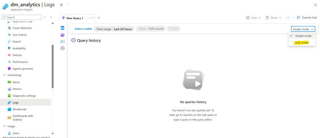 switch to kql in azure app insights