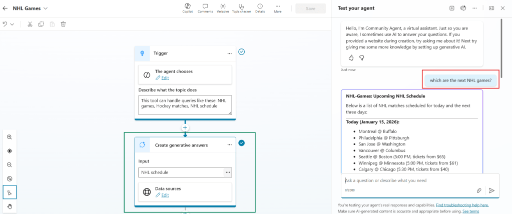 testing the agent in copilot studio